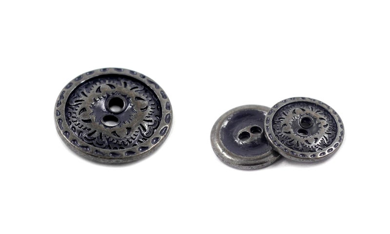 Bezelry Black Copper and Dark Blue Flower Engraving Metal Hole Blazer Button Set. 6 Pcs of 23mm, 8 Pcs of 15mm - Image 3